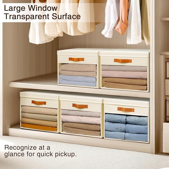 Homsorout Large Storage Bins with Lids - 6 Pack Foldable Decorative Organizers with Clear Windows & Handles, Cube Storage Organizers for Clothes, Blankets, Sweaters, Sheets, Beige