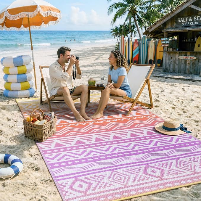Lahome Outdoor Rug Waterproof, 5x8ft Reversible Outdoor Plastic Straw Rug for Camping, RV Patio Rugs Outside Carpet for Porch Deck Backyard Balcony Picnic(Orange/Purple,5'x 8')