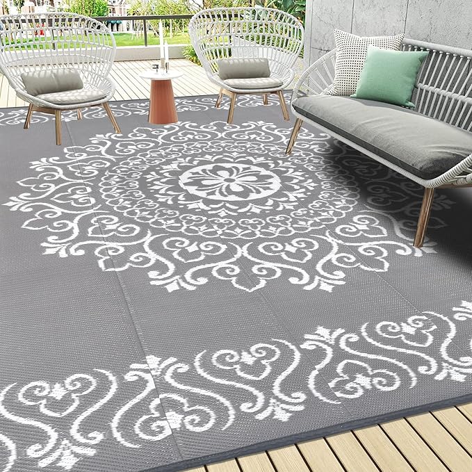 Pauwer Waterproof Outdoor Rug 8x10, Reversible Plastic Straw Patio Camping Rug, Indoor Outdoor RV Mat Carpet for Deck, Camper, Porch, Balcony, Backyard, Picnic, Floral Grey | Reversible Patio Rug, UV Resistant Indoor Outdoor RV Mat Carpet For Deck, Cam...
