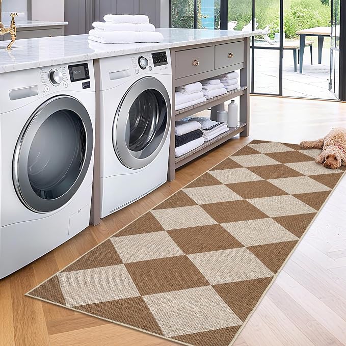 Garvee 2x6 Kitchen Rugs Non Slip Washable Runner Rug, Geometric Easy Jute Indoor Outdoor Rugs for Entryway, Non Shedding Stain Resistant Neutral Diamond Mat for Patio, Porch, Bedroom, Coffee/White