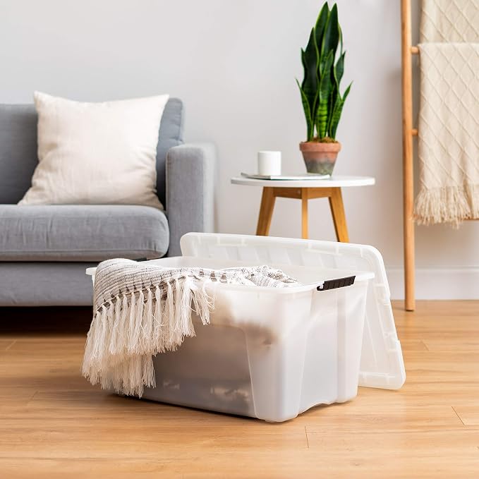 IRIS USA 4-Pack 72 Quart Storage Bins with Lids, Pearl | Conceals contents for a clean look. Perfect for moving, blankets, clothing, and garage storage. Nestable design saves space