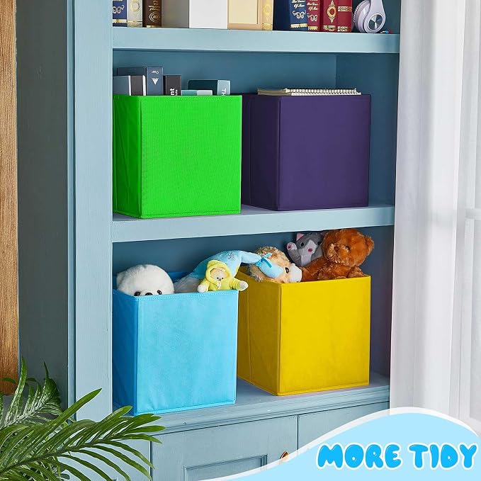 Yinder 12 Pcs Cube Storage Bin 10.5''x10.5''x11'' Storage Bins for Playroom Decor Colorful Bins for Kids Foldable Baskets for Nursery Organizer Boxes Fabric Boxes (Sky Blue, Green, Yellow, Dark Blue)