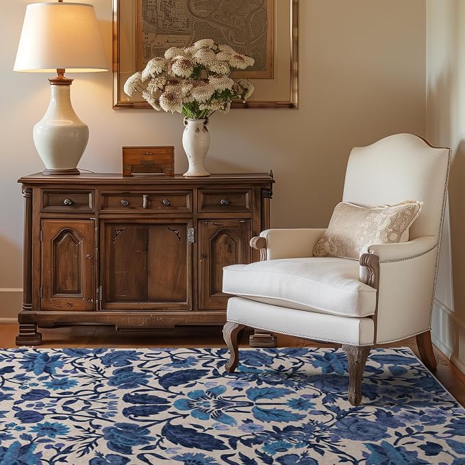 EVERGRACE Area Rugs for Living Room 4x6, Boho Floral Faux Wool Indoor Outdoor Rugs, Washable Rugs for Bedroom Entryway Dining Room Hallyway, Low Pile Floor Mat Carpet for Home Decor, Celtic Blue