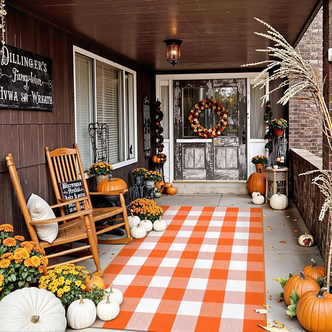 Uphome Bufflo Plaid Outdoor Rug 3'x5', Fall Decor Checkered Front Door Mat, Indoor Outdoor Farmhouse Porch Rug for Layered Door Mats, Washable Halloween White/Orange Area Rugs for Patio Entryway
