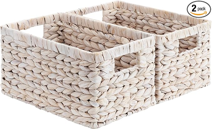 StorageWorks Wicker Storage Baskets for Shelves,White Wicker Baskets,2-Pack | Water Hyacinth Pantry Baskets,Wicker Storage Baskets for Organizing,Pantry Organizers and Storage,White Baskets for Storage