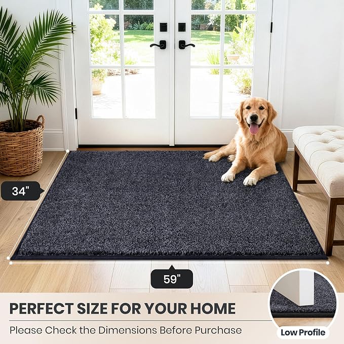PURRUGS Dirt Trapping Door Mat 34" x 59", Non-Slip Machine Washable Entryway Rug, Dog Doormat, Indoor Front Door Mat, Super Absorbent Entry Rug for Muddy Shoes & Paws, Bluish Grey-Black