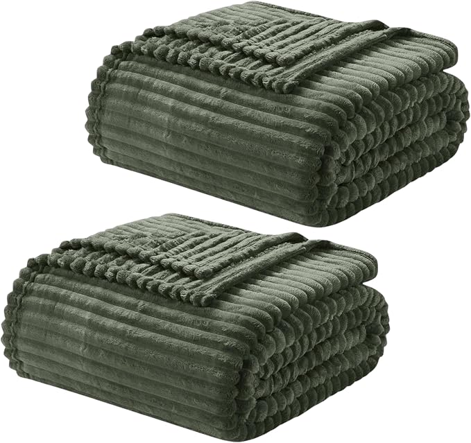Nestl Green Throw Blanket for Couch - Cozy Warm Fuzzy Blankets for Women, Set of 2 Small Fleece Throws for Girls - Olive Green, 50 x 60 Inches