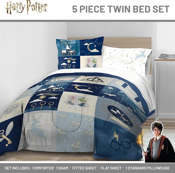 Harry Potter Twin Comforter Set 5 Piece Soft Hogwarts Bedding, Multi | Fantasy, Bed in a Bag, Comforter Sheets Sham Pillowcase, Official Product, Soft Microfiber, Machine Washable, Kids Gift