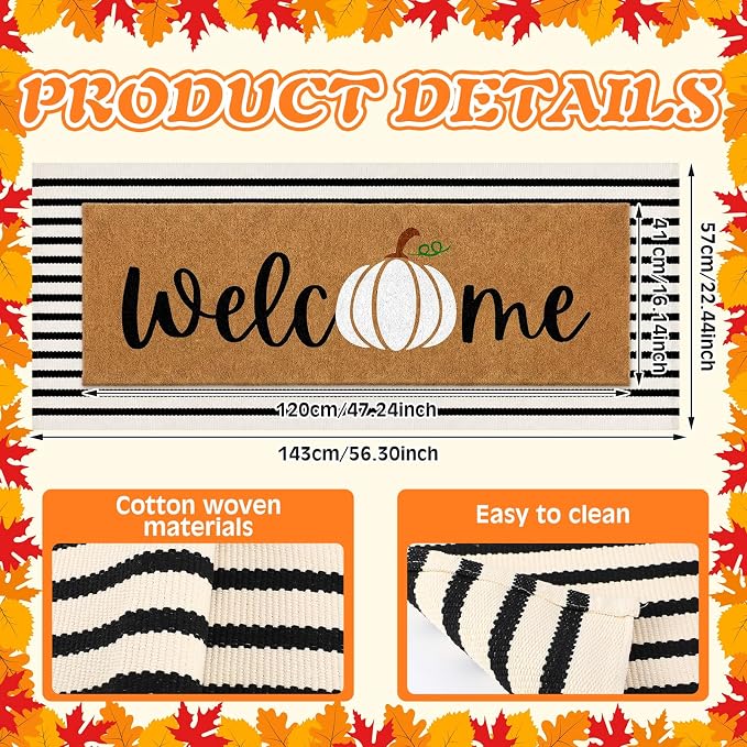 Moucuny 2 Pcs Fall Coir Doormat Set 16"x47" Pumpkin Coir Welcome Mat with 22"x56" Black White Striped Layered Rug, Non-Slip Fall Outdoor Entrance Mats for Thanksgiving Autumn Front Door Porch Decor