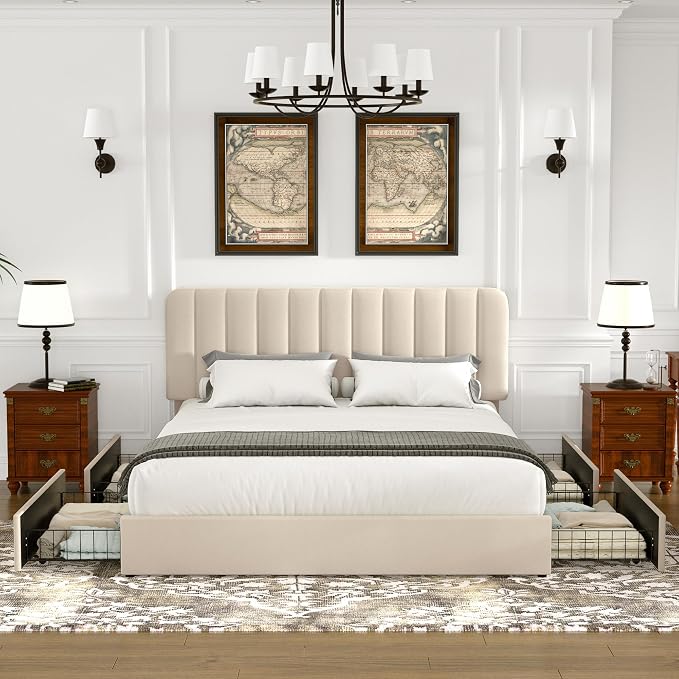 VECELO Queen Size Upholstered Bed Frame with 4 Drawers and Headboard, Velvet Platform Storage Bedframe, Wooden Slats Support, No Box Spring Needed, Beige