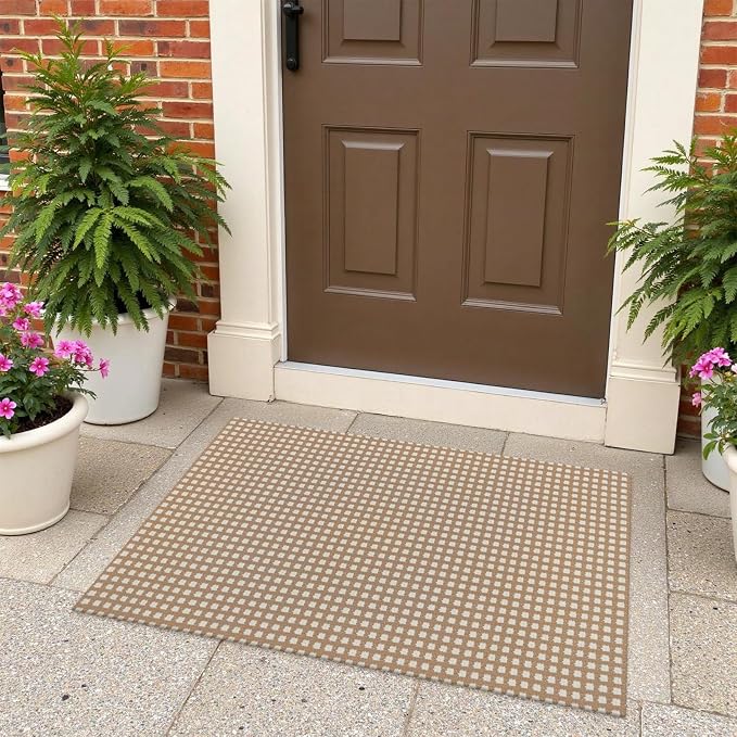 Rugalia Washable Woven Indoor Outdoor Doormat, 2x3 Camel Cotton Small Entryway Rug Low Pile Non-Slip Kitchen Rug, Modern Plaid Throw Carpet for Porch Bathroom Entrance Bedroom