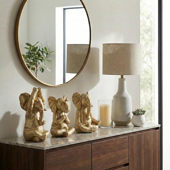 Resin Elephant Figurines Statue Set – Room Decor Accent Trio, Shelf, Desk, or Nightstand Placement – Meditation Pose Symbol of Wisdom and Calm, Home Decor – 8", Gold Finish