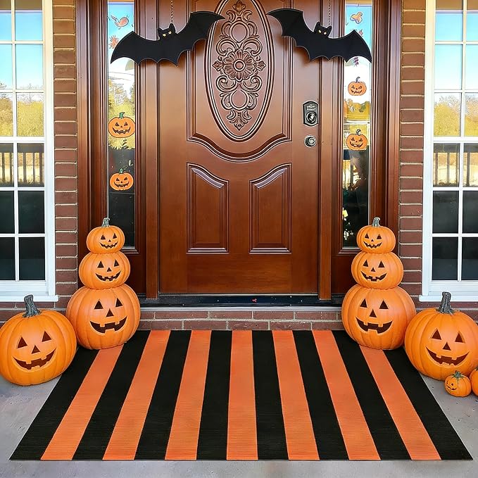 Striped Outdoor Rug 3' x 5' Orange and Black Front Door Mat, Halloween Layering Rug for Porch, Washable Doormat, Cotton Area Rug for Outdoor Entrance Entryway Patio Porch Decor