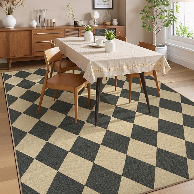 Lessymo Checkered Outdoor Rugs 6x9, Washable Easy Jute Patio Rug | Indoor Living Room Farmhouse Rugs, Geometric Non Slip Black Carpet for Bedroom Backyard Dining Room, Diamond Black/Beige