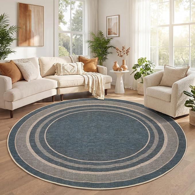 GarveeHome 6ft Washable Round Rug Large Bedroom Easy Jute Area Rugs | Modern Solid Non Slip Living Room Circle Rugs Stain Resistant Carpet Indoor Round Rugs for Kitchen Nursery Entryway, Blue