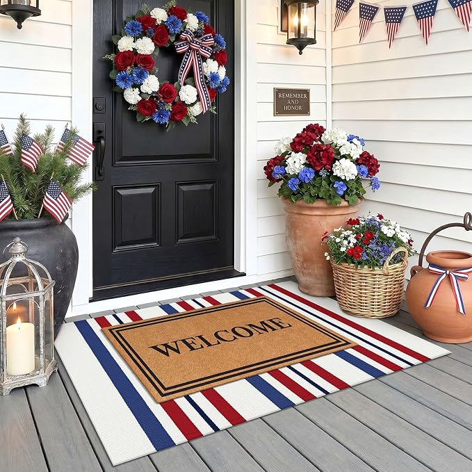 KOZYFLY 250th Anniversary Patriotic Doormat Blue Red White Striped Rug 24 x 35 Inch Front Door Mat 4th of July Memorial Day Welcome Mats for Entryway Porch Kitchen Patio Independence Day Decor