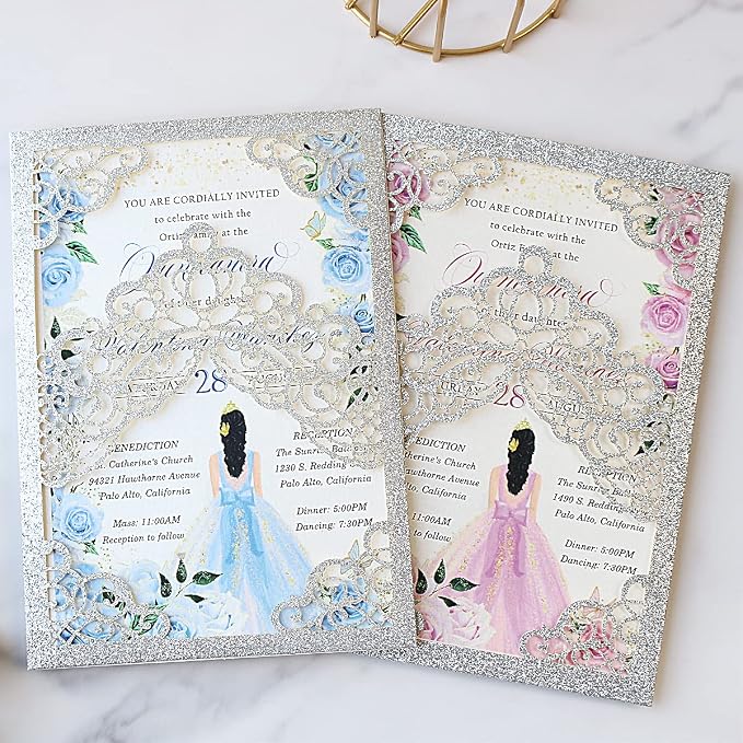 Hosmsua 50PCS Personalized Silver Glitter Quinceanera Invitations Kit 5.1x7.3 Inch Laser Cut Floral Crown Pocket Quinceanera Invitation Cards with Envelopes for Birthday Quince Invitation
