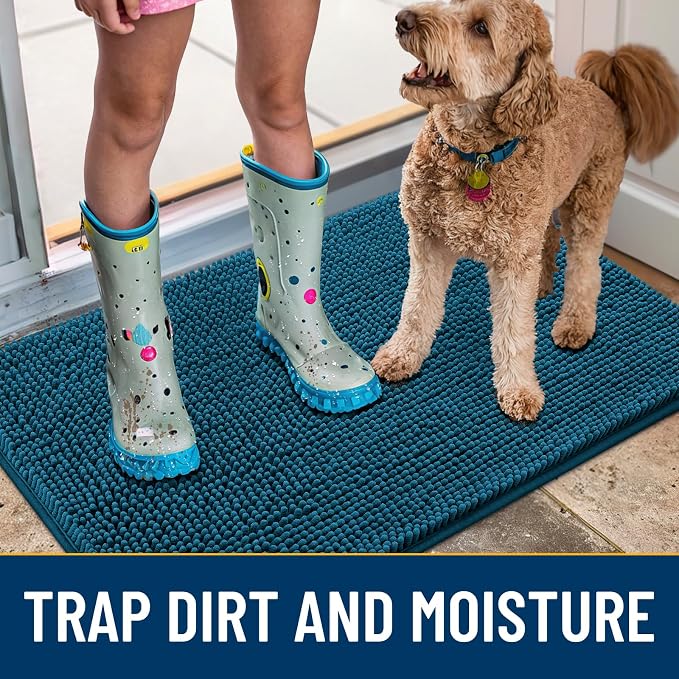 Smiry Dog Door Mat for Muddy Paws 47x20, Absorbent Dirt Trapper, Non-Slip Washable Chenille Entryway Rug for Inside Floor, Atlantic Blue, Classic Solid