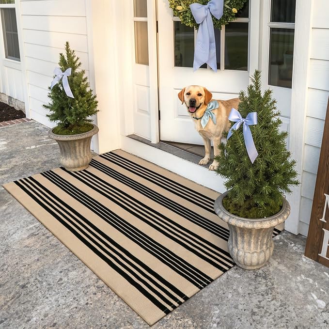 KIMODE Striped Outdoor Rug 3'x 5',Washable Reversible Striped Outdoor Patio Rugs,Cotton Hand Woven Farmhouse Welcome Layered Door Mats for Front Door Entryway Porch Fall Decor Black and Khaki