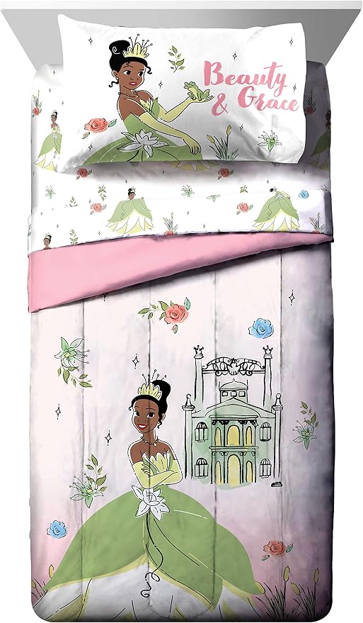 Disney Princess Tiana Full Comforter Set 7 Piece Kids Bedding, Pink | Bed in a Bag, Comforter Sheets Shams Pillowcases, Soft Microfiber, Machine Washable, Girls Gift