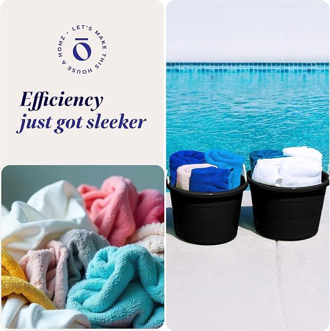 Homz 2 Pack of 17 Gallon Storage Buckets, Durable Plastic Containers, Sturdy Rope Handles, Large Tubs for Sports Equipment, Party Cooler, Gardening, Toys and Laundry, Black