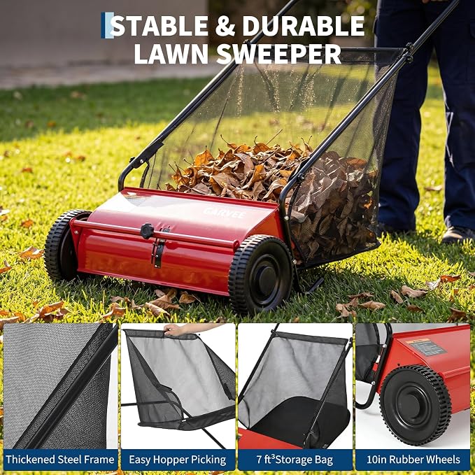 26 Inch Push Lawn Sweeper with Wheels,Manual Push Sweeper for Leaves and Grass Collection,7cu. ft. Hopper Bag,4 Adjustable Spinning Brushes, Ideal for Garden, Patio and Yard Cleanup