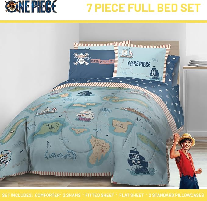 One Piece Luffy Full Comforter Set 7 Piece Soft Anime Bedding, Multi | Bed in a Bag, Comforter Sheets Shams Pillowcases, Official Product, Soft Microfiber, Machine Washable, Gift for Fans
