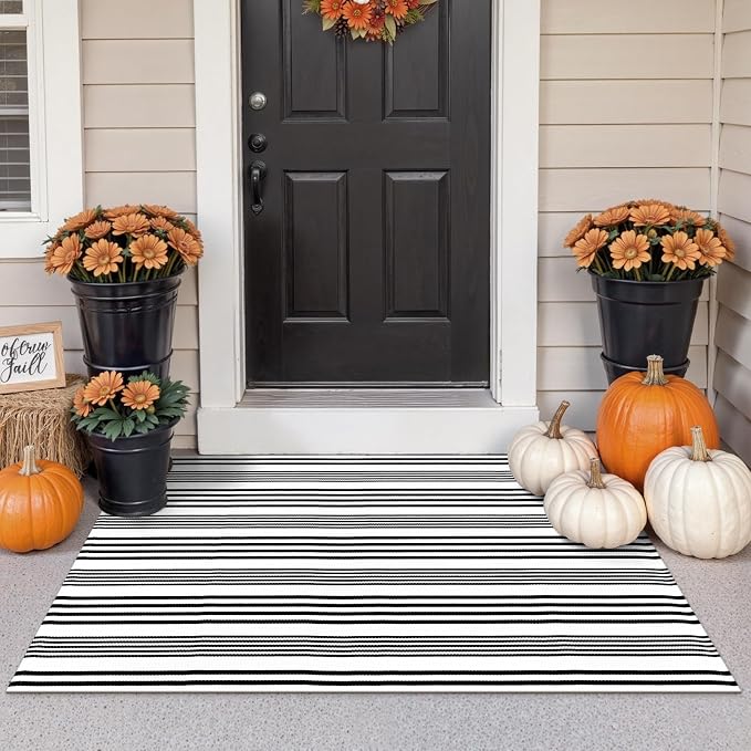 LEEVAN 3'X5' Black and White Striped Woven Cotton Reversible Outdoor Rug | Small Machine Washable Front Porch Rug, Entryway Door Mat, Indoor Layering Carpet for Farmhouse Bathroom Laundry