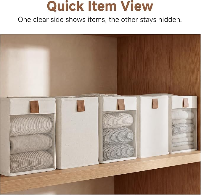StorageWorks Fabric Storage Bins with Clear Window, Closet Organizer and Storage Bins for Clothes, Collapsible Storage Baskets with PU Handles, Narrow Storage Bin, Beige, 3-Pack