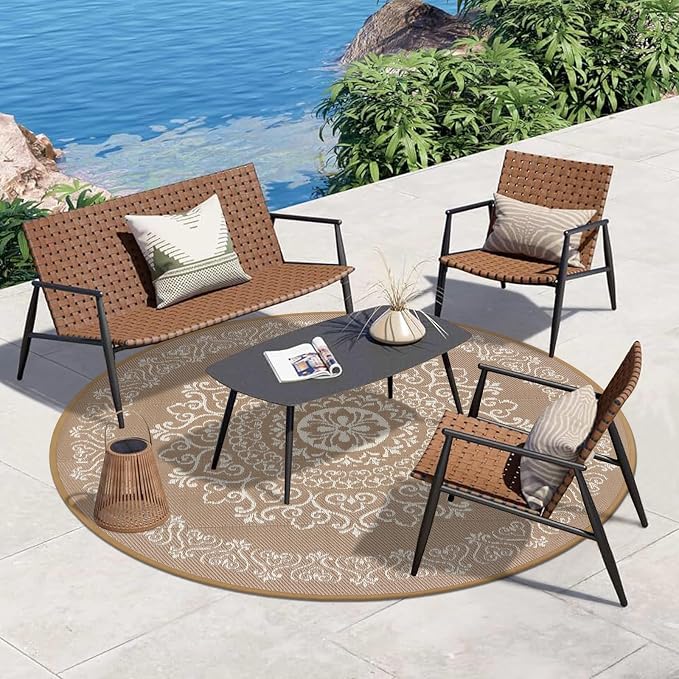 Pauwer Outdoor Rug 6ft, Waterproof Plastic Straw Camping Rug, Floral Brown | Reversible Patio Rug, UV Resistant Indoor Outdoor RV Mat Carpet For Deck, Camper, Porch, Balcony, Backyard, Picnic, Foldable