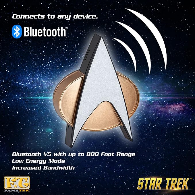 FAMETEK Star Trek Next Generation TNG Bluetooth ComBadge | Connect the TNG Communicator to your phone or PC for calls and texts, Cosplay with Chirping Sound Effect or Home Automation
