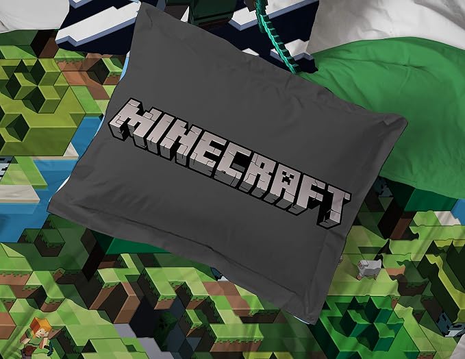 Minecraft Creeper Queen Comforter Set 7 Piece Kids Bedding for Boys, Green | Video Gaming, Bed in a Bag, Comforter Sheets Shams Pillowcases, Official Product, Microfiber, Machine Washable, Boys Gift