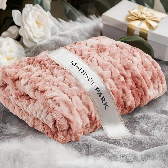 Madison Park Ruched Fur Throw Faux Fur Blanket, 50" x 60", Pink Tie Dye | Luxury, Premium, Soft Cozy Brushed Long Pile, All Season Plush Modern OEKO- TEX Certification Warm For Bed, Couch or Sofa