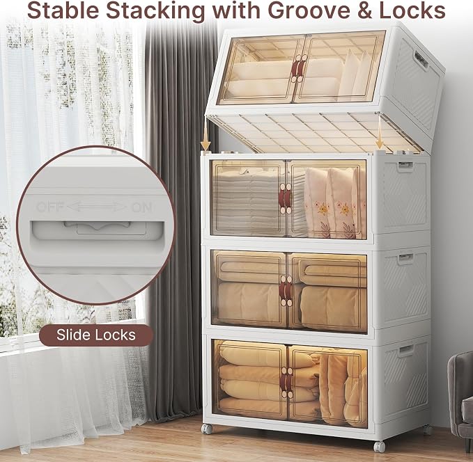 UAMFURI 720QT Stackable Storage Bins with Lids, Storage Cabinet with Wheels | Lockable Storage Bins with Clear Doors Heavy Duty Closet Organizer Extra Large Collapsible Plastic Storage Box for Dorm Home