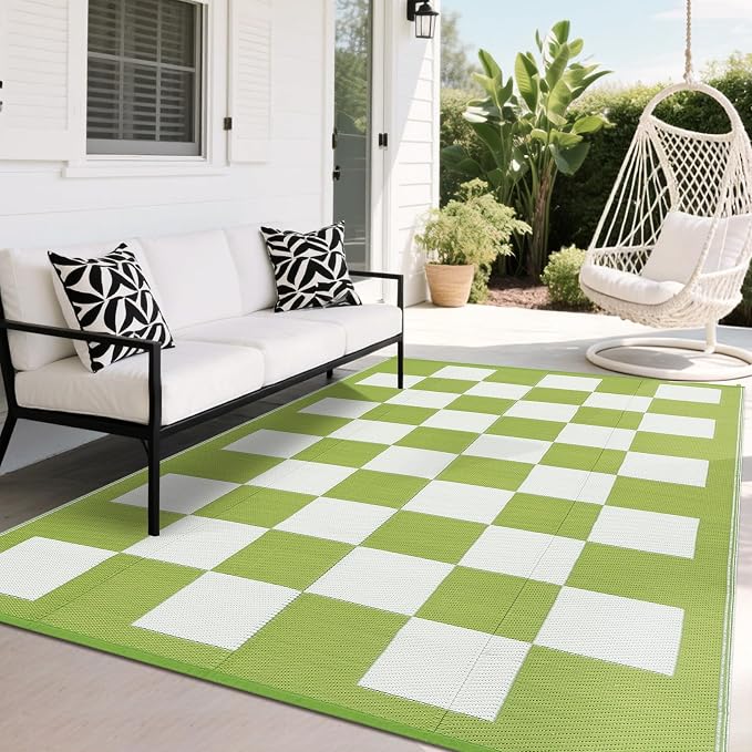 GarveeHome Large Outdoor Rug 9 x 18 Waterproof Modern Checkboard Plastic Straw Rug, Foldable Reversible Camping Mat, UV-Resistant Geometric Plaid Woven Carpet for Picnic, Deck, Green White