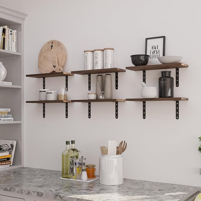 Lavish Home Floating Shelves - Set of 6 Shelves for Living Room, Kitchen, Bedroom, or Bathroom Decor - Wood Floating Shelves for Wall - Farmhouse Wall Décor (Rustic Brown)