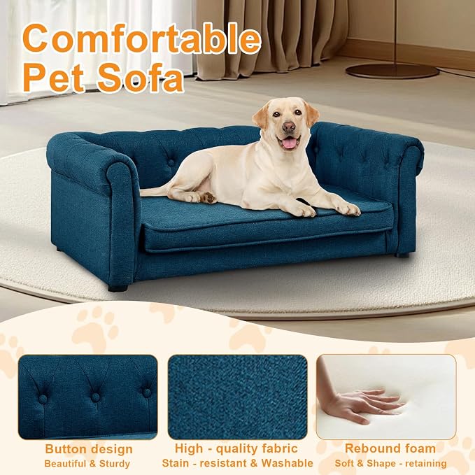 Dog Sofa for Small & Medium Dogs | Removable & Washable | No Assembly Required | Breathable Linen Fabric | Soft Foam Cushion |Floor-friendly sofa legs | Blue