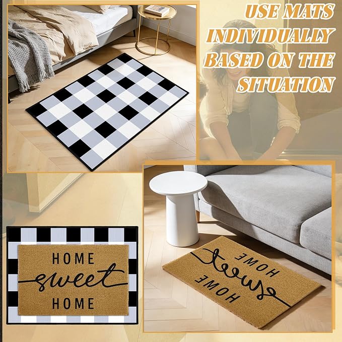 Home Sweet Home Welcome Doormat Set, 2 Pack Layering Entry Rugs with Coir Loop Printed Mat and Buffalo Plaid Crystal Velvet Under Rug Home Sweet Front Door Doormat for Farmhouse Entryway Decor