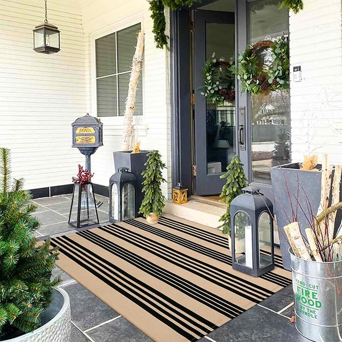 KIMODE Striped Outdoor Rug 3'x 5',Washable Reversible Striped Outdoor Patio Rugs,Cotton Hand Woven Farmhouse Welcome Layered Door Mats for Front Door Entryway Porch Fall Decor Black and Khaki