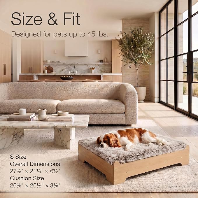 Elevated Wooden Dog Bed with Foam Mattress, Natural Wood, Small | Raised Dog Bed with Washable Cover and Supportive Foam Mattress, Crafted for Small Dogs and Modern Homes
