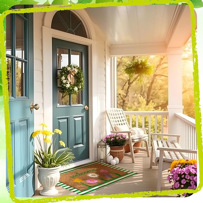 Moucuny 2 Pcs Spring Coir Doormat Outdoor Flower Welcome Outdoor Rug Front Porch Mats Layered Green and White Stripe Rugs for Spring Front Porch Entryway Decor