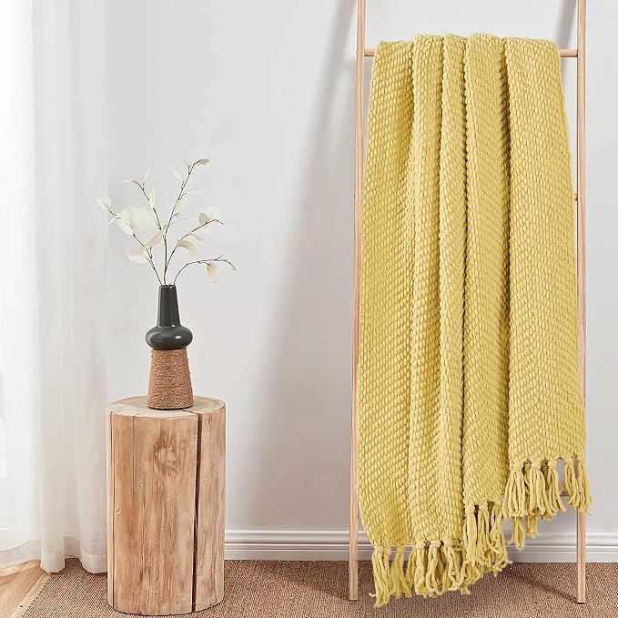 Home Soft Things Yellow Throw Blanket Knitted Tweed Throw 60'' x 80'', Jojoba Yellow, Super Soft Cozy Warm Comfortable Breathable Throw for Living Room Chair Couch Bed Sofa Bedroom Home Décor