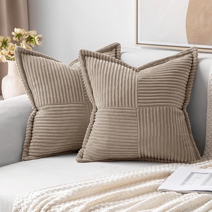 MIULEE Decorative Throw Pillow Covers for Couch Bed Livingroom 16x16 Inch Set of 2 Light Brown Boho Accent Throw Pllows Broadside Striped Patchwork Soft Corduroy Pillowcases