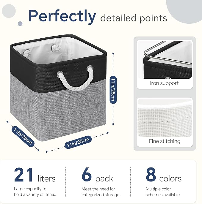 FinishingBo 11 inch Cube Storage Bin with Handles 6 Pack | Foldable Basket, Fabric Storage Bins, Closet Storage, Home Organizer (Black/ Gray)