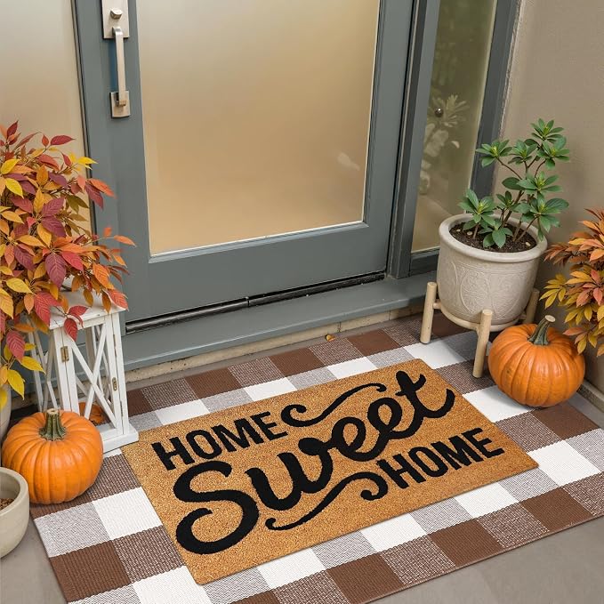 Collive Buffalo Plaid Checkered Outdoor Rug, Fall Autumn Decor Door Mat, 27.5x43 Inches Coffee and White Front Door Rug Outside Entrance, Washable Welcome Layered Doormat for Porch Entryway Patio