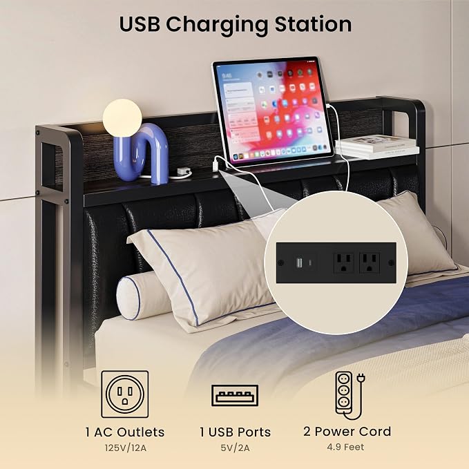 LIKIMIO Twin XL Bed Frames, PU Leather Storage Headboard with Charging Station, Solid and Stable, Noise Free, No Box Spring Needed, Easy Assembly, Black
