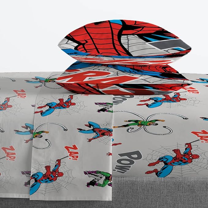 Marvel Spiderman Full Comforter Set 7 Piece Bedding for Boys, Grey | Bed in a Bag, Comforter Sheets Shams Pillowcases, Official Product, Soft Microfiber, Machine Washable Easy Care, Boys Gift