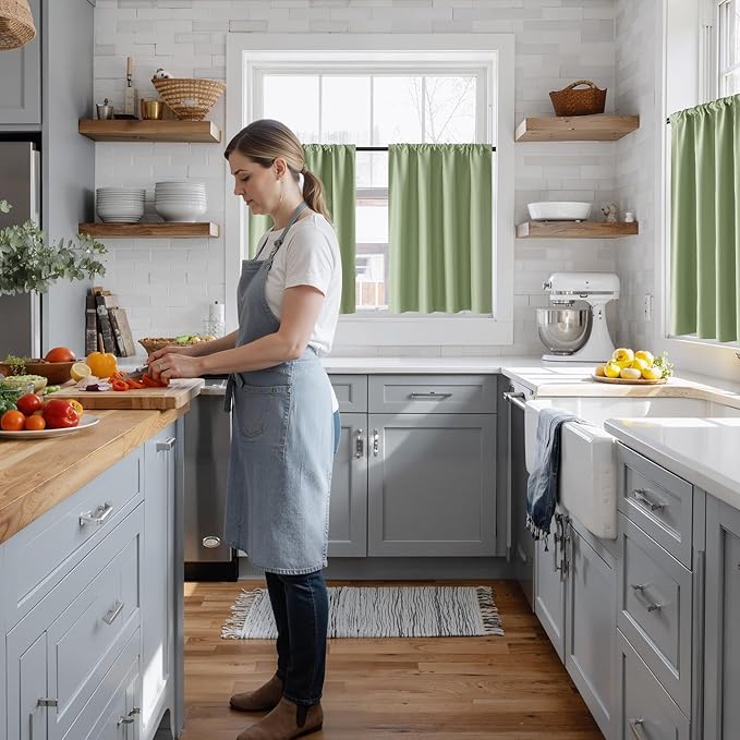 RYB HOME 100% Blackout Short Curtains for Small Window, Thermal Insulated Total Room Darkening Noise Reducing Curtains for Kitchen Bathroom Basement, 42 inches Wide by 48 inches Long, Sage Green