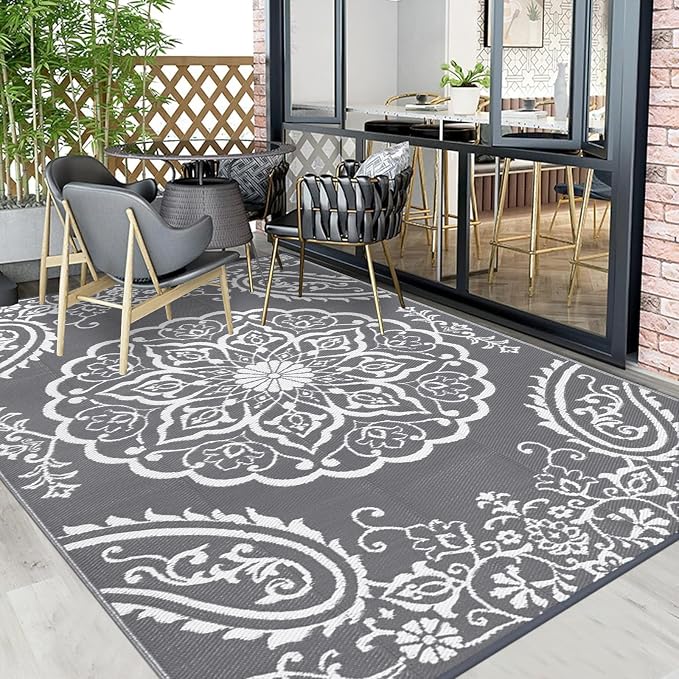Pauwer Outdoor Rug 8x10, Waterproof Plastic Straw Camping Rug, Boho Grey | Reversible Patio Rug, UV Resistant Indoor Outdoor RV Mat Carpet For Deck, Camper, Porch, Balcony, Backyard, Picnic, Foldable