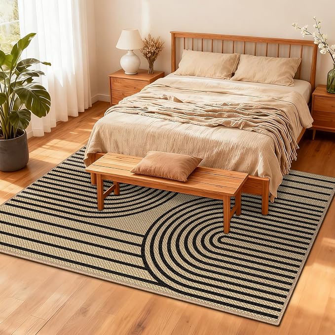 Faux Jute Rug for Living Room, 5' x 7' Area Rug, Black Farmhouse Ultra-Thin Washable Non-Slip Outdoor Rug for Bedroom, Dining Room, Backyard, Home Decor
